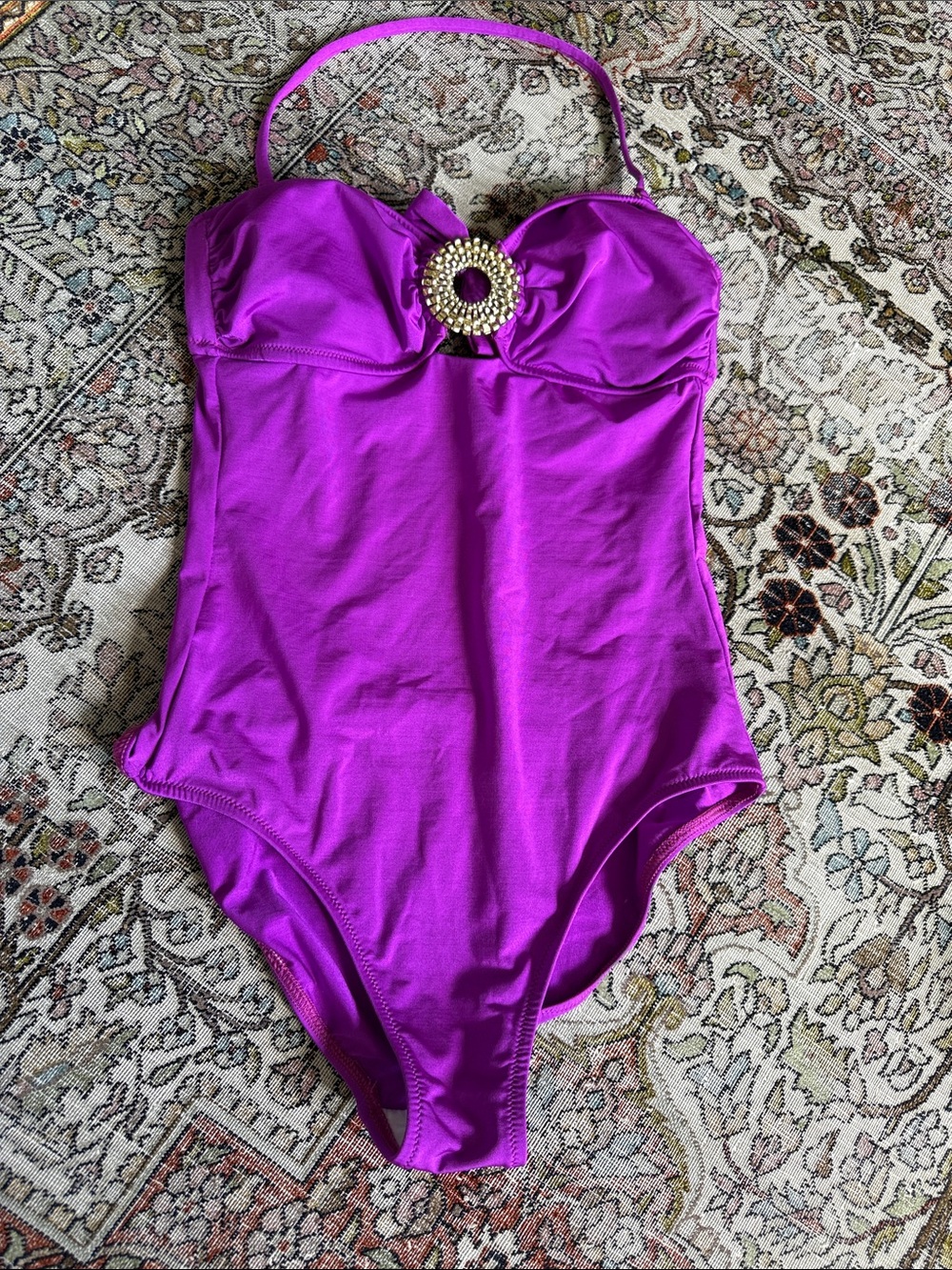 Trina Turk Bright Purple womens 4 One-Piece Swimsuit with Gold Accent